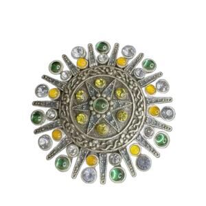 Antique Brooch 1920s Rhinestone Art Deco Ornate Multi Color Pot Metal Large